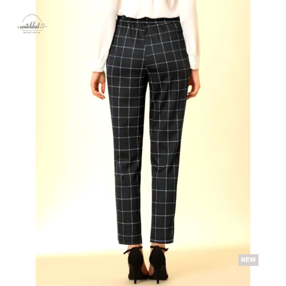 Vintage Tartan Plaid Pants Elastic Waist Straight Leg Trousers Casual Wear - Picture 5 of 6